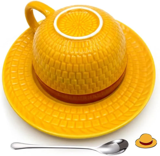 4-Piece Ceramic Coffee Mug Set, 8.5Oz 3D Novelty Straw Hat Shaped Cup with Saucer, Stainless Steel Spoon and Enamel Pin, Pirate Adventure Themed Gift for Tea Lovers and Home Office Decor