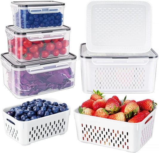 Fruit Storage Containers for Fridge with Removable Colander, Airtight Food Storage Container, Dishwasher Safe Produce Saver for Refrigerator, Keep Berry Fruit Fresh Longer 4 Pcs Small Clear