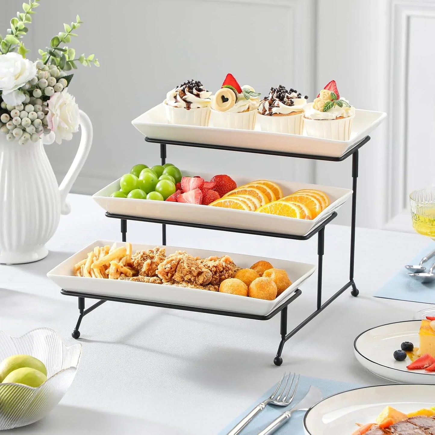 3 Tier Serving Trays for Party, Porcelain Serving Platters and Trays, 12 Inch Tiered Tray Stand, Fruit Tray, Trays for Serving Food, White Dessert Stand with Collapsible Sturdier Metal Rack