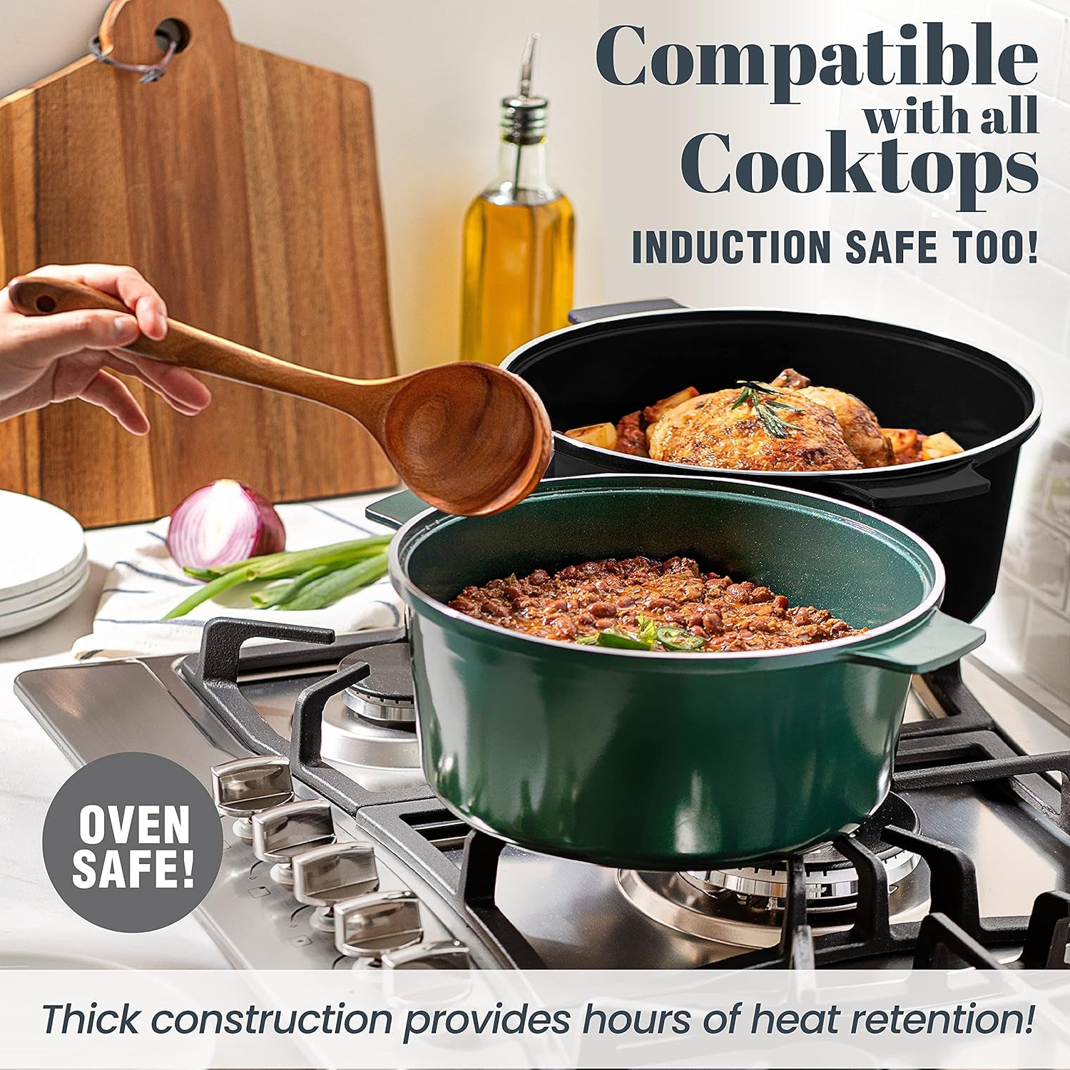 Dutch Oven, 6.5 Quart Ultra Nonstick Enameled Lightweight Aluminum Dutch Oven Pot with Lid, round 6.5 Qt. Stock Pot, Dishwasher & Oven Safe Induction Capable 100% PFOA Free, Emerald Green