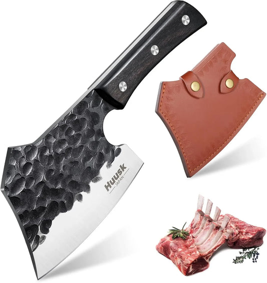 Meat Cleaver Knife Heavy Duty Bone Chopper, Hand Forged Kitchen Axe with Sheath, Full Tang Bone Chopping Knife, Japanese Butcher Knife for Meat Cutting, Kitchen Father Christmas Gift Idea Men