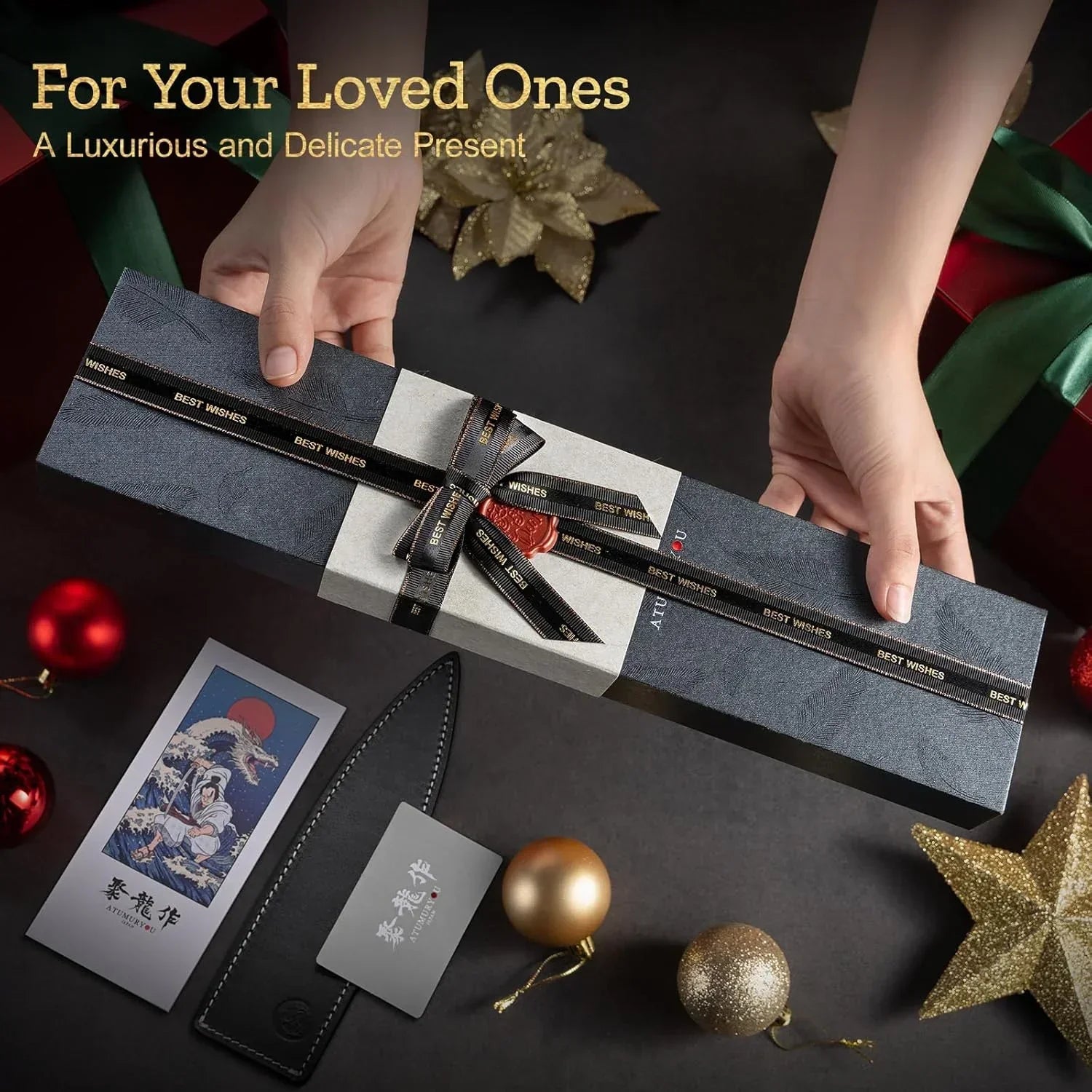 Elegant kitchen knife gift set in black box with festive decorations and holiday gift wrap.