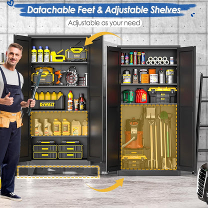 71" Tall Metal Storage Cabinet with 2 Doors and 4 Adjustable Shelves, Kitchen Pantry Cabinet Black Freestanding Cupboard, 5 Tier Multifunctional Steel Storage for Office, Kitchen, Dining Room