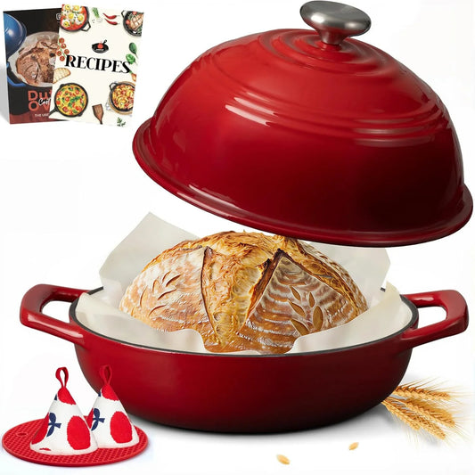 Enameled Cast Iron Bread Oven - 6QT Bread Dutch Oven for Sourdough Baking - Bread Pot with Dome Lid Cotton Potholders & Cookbook - Multi-Functional Bread Pan for Baking Frying Roasting