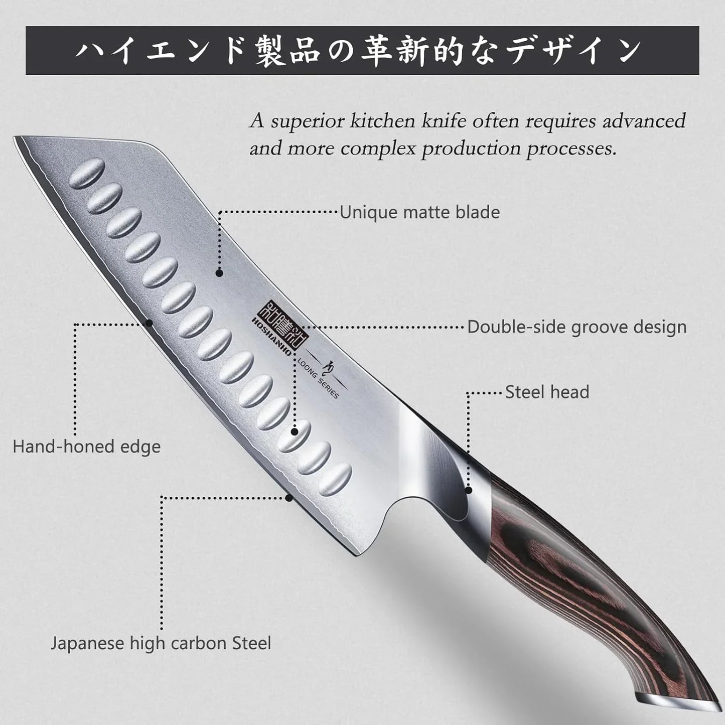 Japanese high carbon steel kitchen knife with matte blade, double-side grooves, wood handle