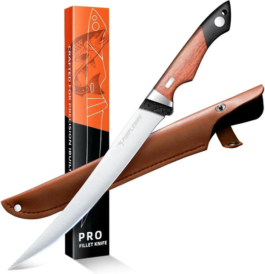 Fillet Knife for Fish 9" with Sheath, 440C Stainless Steel Boning Knife for Meat Cutting with Wood Handle, Fish Fillet Kniveskitchen & Outdoor for Fishing, Hunting, BBQ, Christmas Gifts