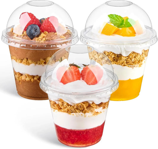 50 Pack 9 Oz Clear Plastic Dessert Cups with Dome Lids No Hole, Small Parfait Cups Mini round Party Serving Cups for Ice Creams, Cakes, Fruits, Snacks