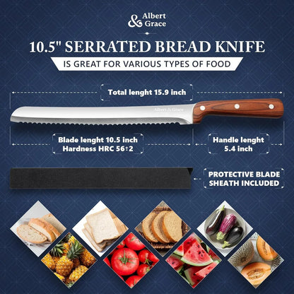 10.5-inch serrated bread knife with wooden handle, ideal for slicing bread, fruits, and vegetables