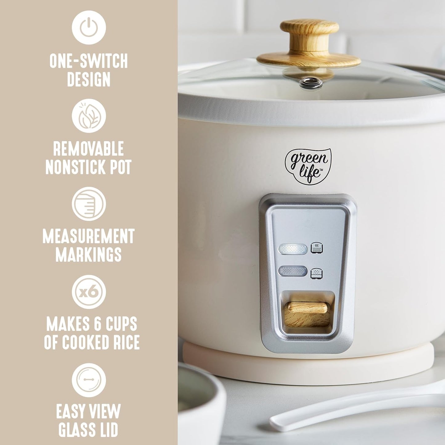 Rice Cooker with Removable Pfas-Free Ceramic Nonstick Pot, 3-Cups Uncooked/6-Cups Cooked, Grains & Oatmeal Multicooker, Compact One-Switch Design, Auto Keep Warm, Easy Clean, Cream