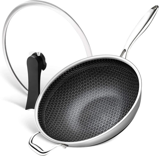 Honeycomb Wok Pan with Lid, 12.5 Inch Stainless Steel Woks & Stir-Fry Pans with Stay Cool Handle, Flat Bottom Wok with Vertical Lid, Induction Wok, Dishwasher Oven Safe