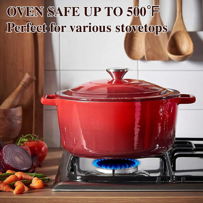 Enameled Cast Iron Dutch Oven -  5QT Pot with Lid & Cotton Potholders - Heavy-Duty Cookware for Bread Baking, Braising, Stews, Roasting(Red)