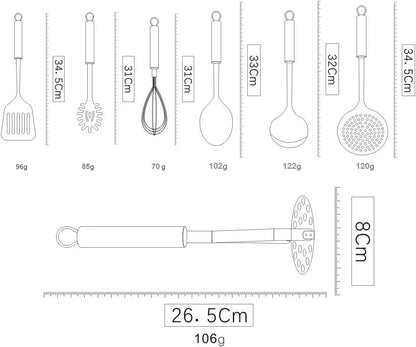 Cooking Utensil Set 8 Piece, Stainless Steel Kitchen Tool Set with Stand,Cooking Utensils, Slotted Tuner, Ladle, Skimmer, Serving Spoon, Pasta Server,Potato Maseher, Egg Whisk. （8 Pieces）