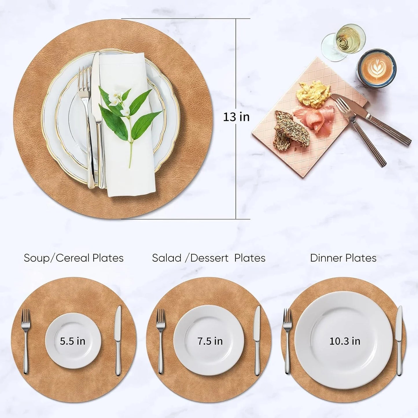 Placemats, Heat Resistant round Placemats Set of 8 Washable, Waterproof Table Mats, Wipeable Faux Leather Place Mats for Kitchen, Dining Room, Camel