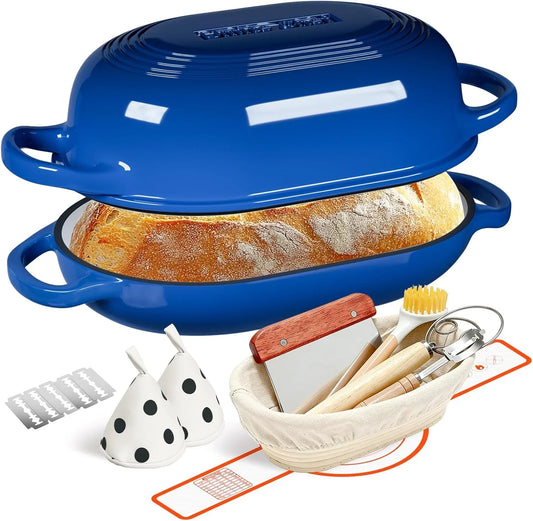 Enameled Cast Iron Dutch Oven for Bread Baking - Incl. Sourdough Bread-Baking Supplies like Banneton Bread-Proofing Basket - 5QT Loaf Cast Iron Bread Oven Pan with Lid Meatloaf Pan with Lid, Sour Sough Tools, Lame(Blue）