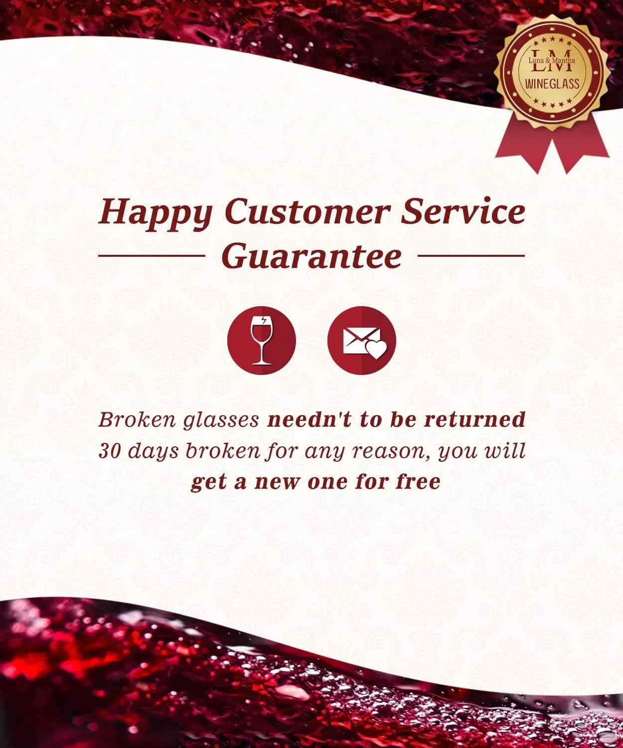 Happy Customer Service Guarantee for wine glasses: broken ones replaced free within 30 days, no return needed