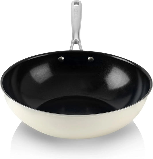 Techef Collection | Ceramic Nonstick Flat Bottom Wok Stir Fry Pan, Nontoxic - Free of PFAS, PFOA, PTFE (Wok 12")