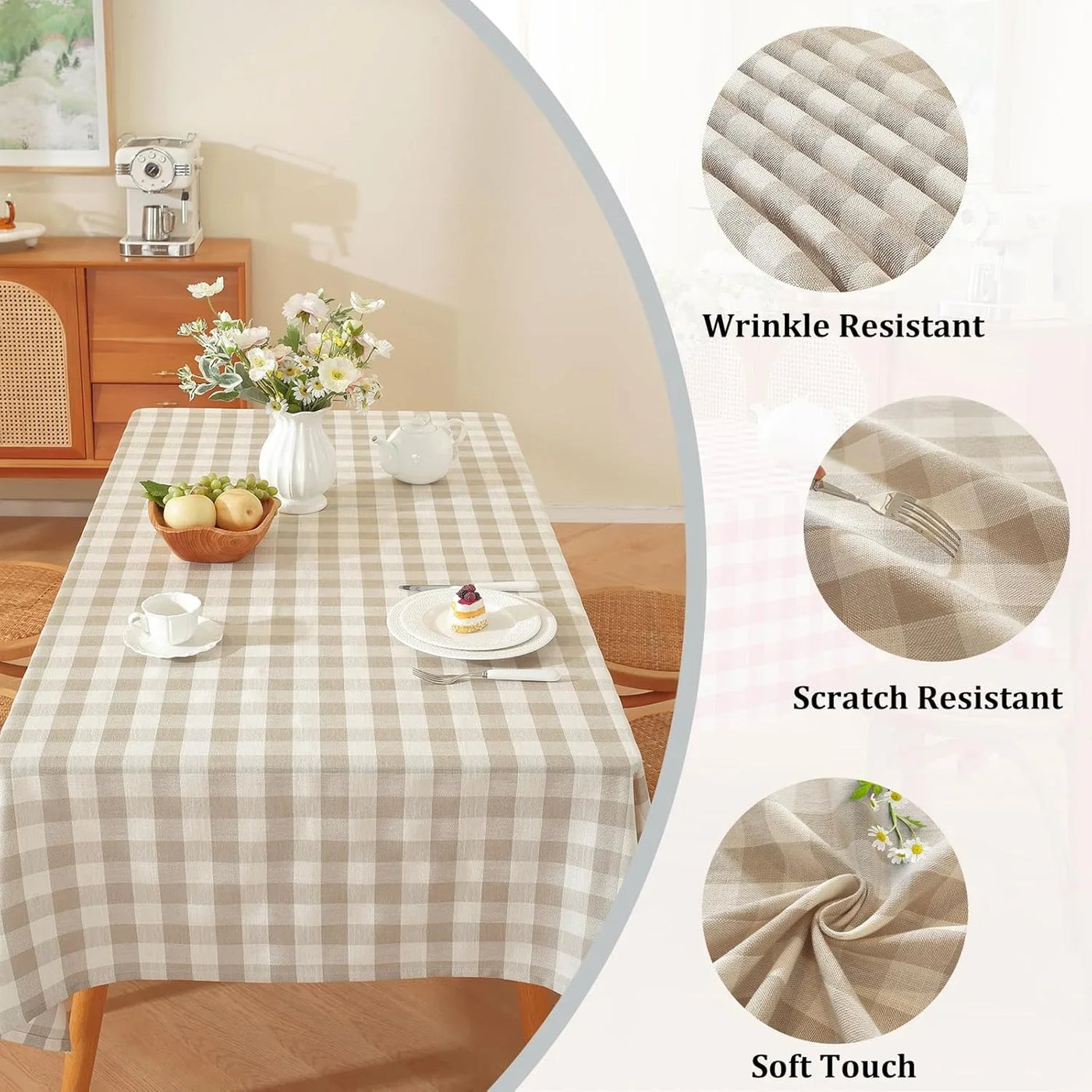 Checkered Tablecloth Rectangle Washable Buffalo Plaid Table Cloth Cotton Linen Gingham Table Cover for Picnic Kitchen Dining Room, Beige and White, 60 * 75