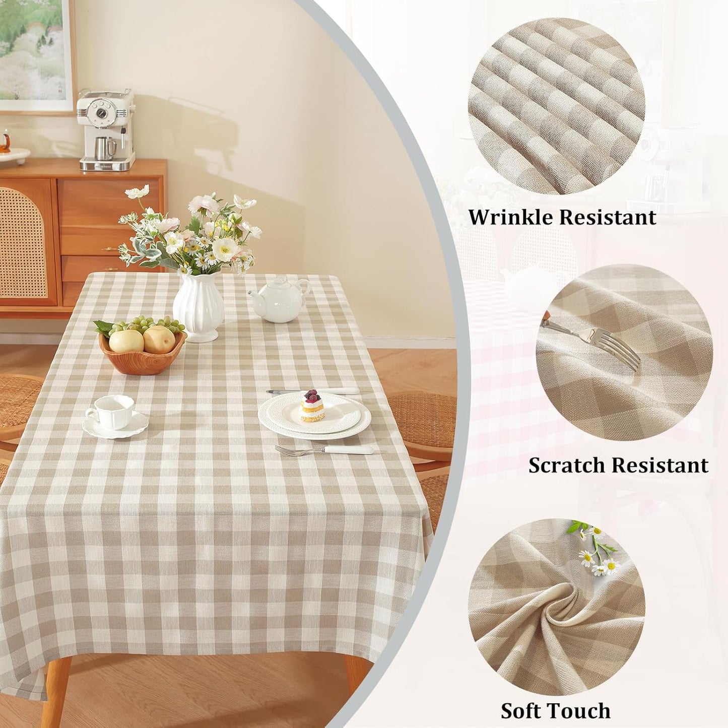 Checkered Tablecloth Rectangle Washable Buffalo Plaid Table Cloth Cotton Linen Gingham Table Cover for Picnic Kitchen Dining Room, Beige and White, 60 * 75