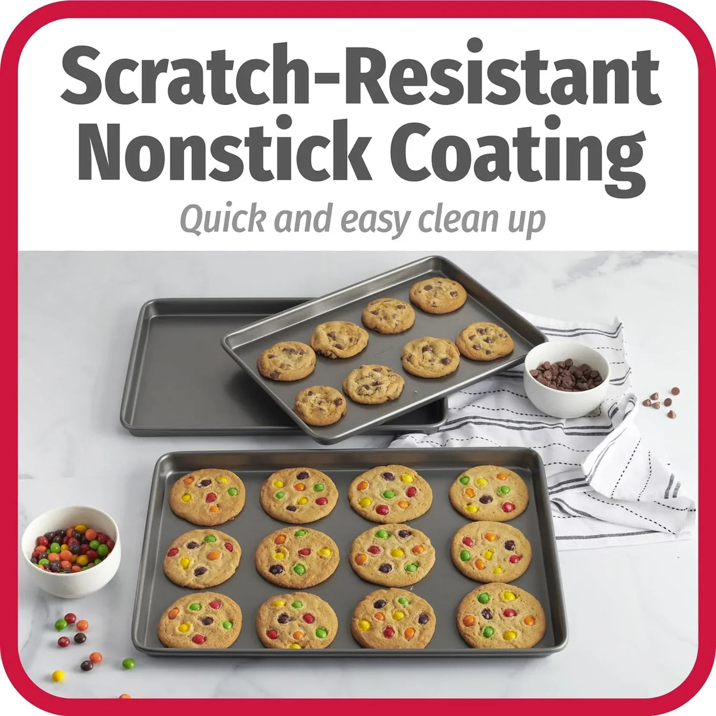 Everyday Nonstick Baking Sheet Set, 3 Pack Includes One Small, Medium & Large Pan Carbon Steel Construction Cookie Sheet Bakeware Set, Gray