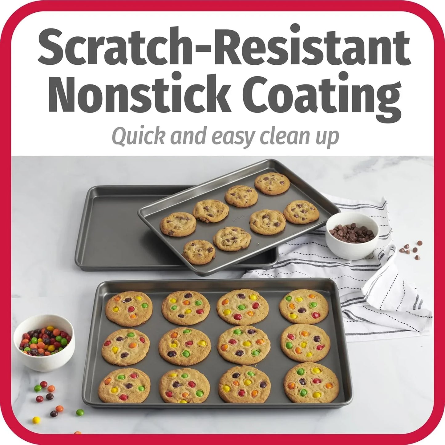 Everyday Nonstick Baking Sheet Set, 3 Pack Includes One Small, Medium & Large Pan Carbon Steel Construction Cookie Sheet Bakeware Set, Gray