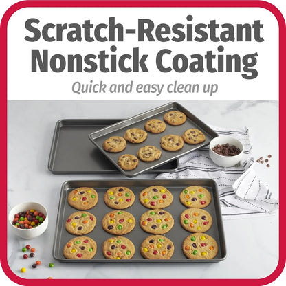 Everyday Nonstick Baking Sheet Set, 3 Pack Includes One Small, Medium & Large Pan Carbon Steel Construction Cookie Sheet Bakeware Set, Gray