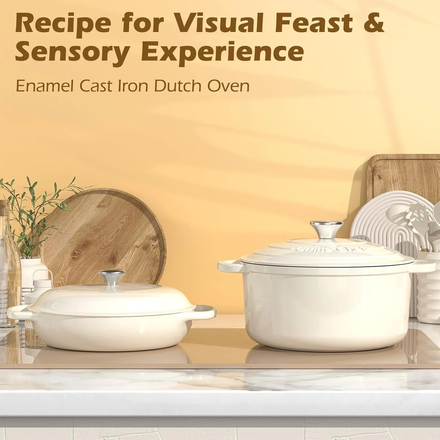 Enameled Cast Iron Dutch Oven -  5QT Pot with Lid & Cotton Potholders - Heavy-Duty Cookware for Bread Baking, Braising, Stews, Roasting(Cream White)