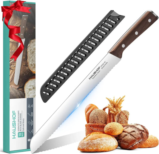 Bread Knife with Sheath, 10-Inch Serrated Bread Knife for Homemade Bread, 5CR15M0V Premium Stainless Steel Bread Cutter with Gift Box for Mom Dad, Full Tang and Ergonomic Handle