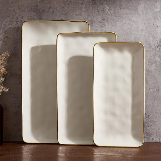 Serving Platter, Rectangular 15.67/14.1/12.6Inch Serving Dishes for Entertaining, Microwave Dishwasher Safe, Stoneware Serving Trays for Party, Turkey, Cheese, Ocean Series, Vanilla White