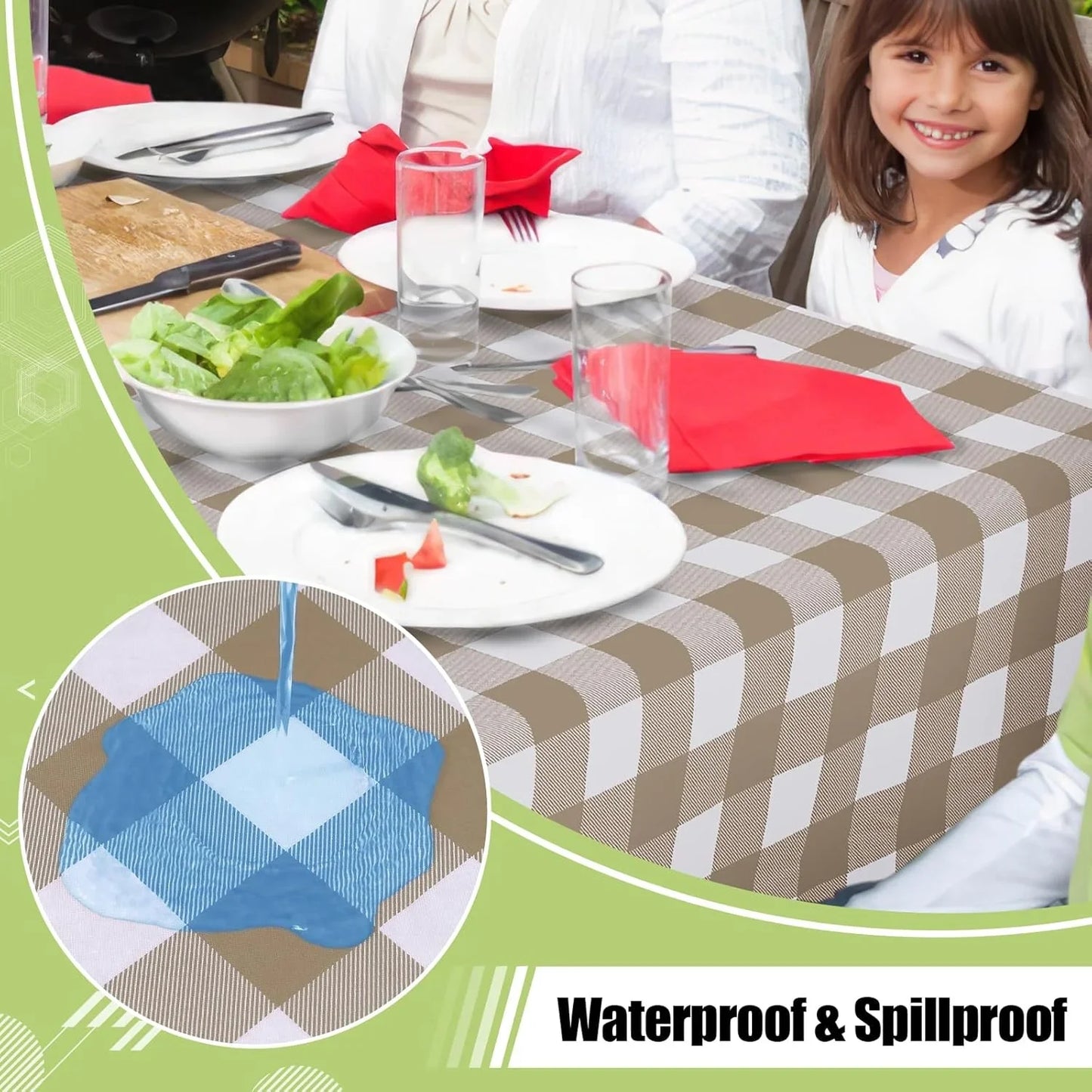Rectangle Table Cloth, Waterproof Vinyl Tablecloths with Flannel Backing, Wipeable Buffalo Plaid Table Cover for Picnic, Indoor and Outdoor (Khaki & White, 60"X84")