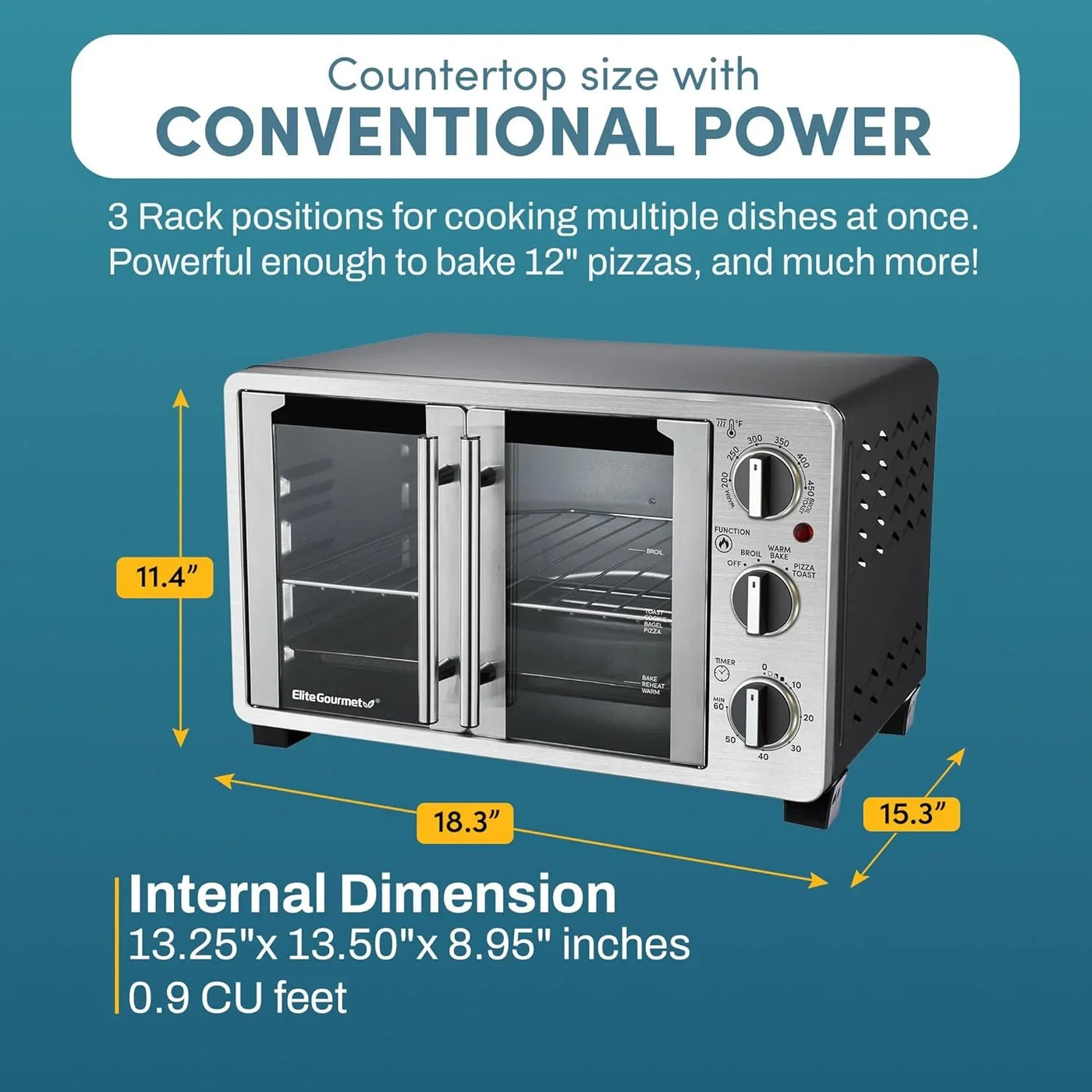 ETO2530M Double French Door Countertop Toaster Oven, Bake, Broil, Toast, Keep Warm, Fits 12" Pizza, 25L Capacity, Stainless Steel & Black