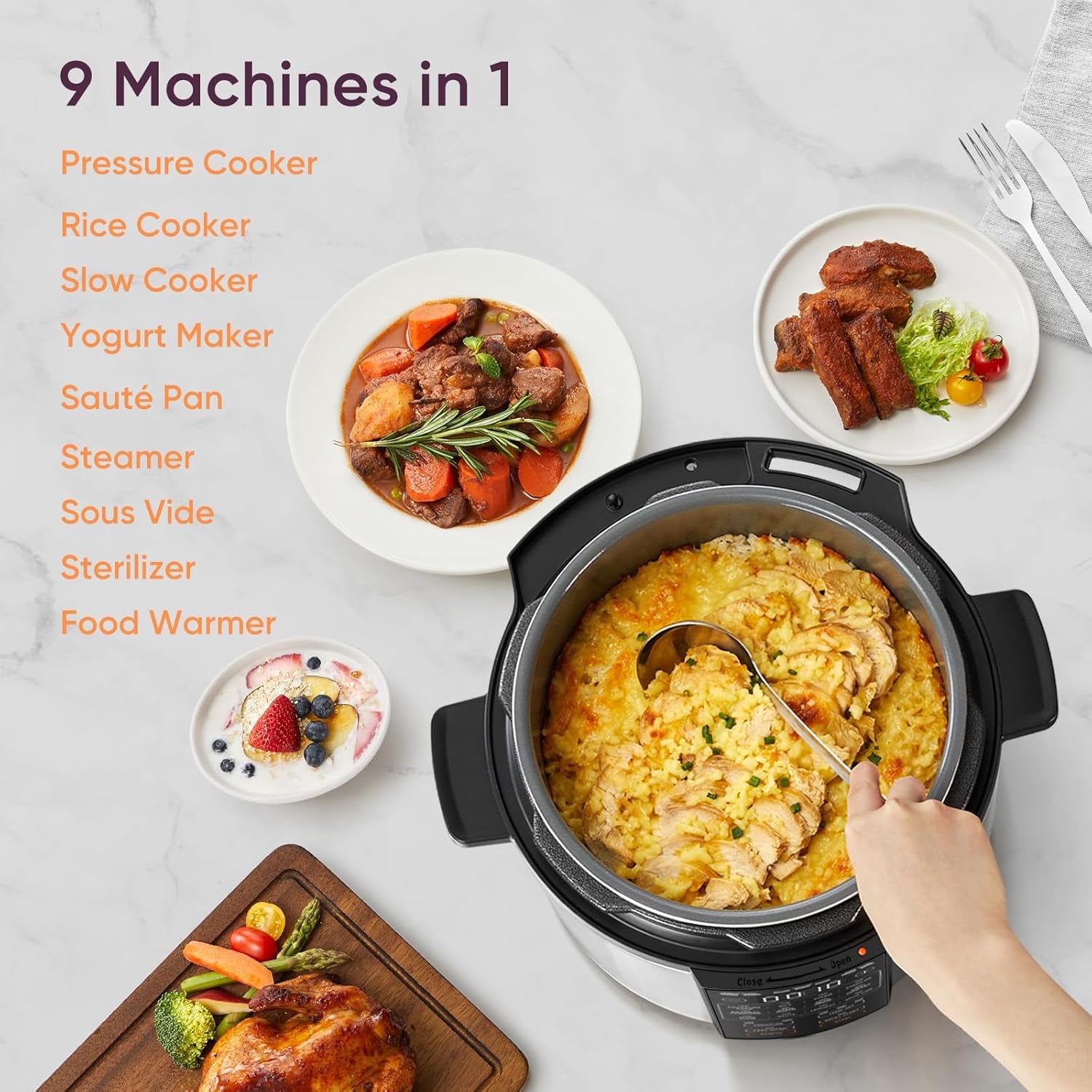 Pressure Cooker 6QT, Stainless Steel, 9-In-1 Multi Cooker, 12 Safety Features, Ceramic Inner Pot, Rice, Slow Cook, Sous Vide, Saute, 1100W