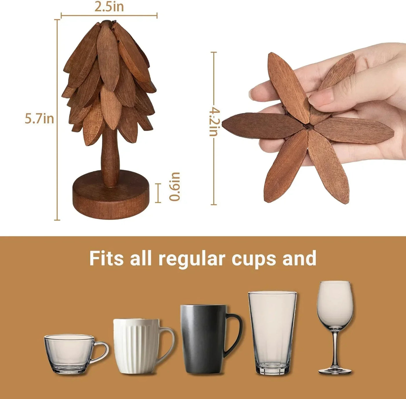 Wooden tree-shaped cup holder stand with flower-shaped top, fits mugs, glasses, wine glasses