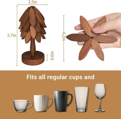 Wooden tree-shaped cup holder stand with flower-shaped top, fits mugs, glasses, wine glasses
