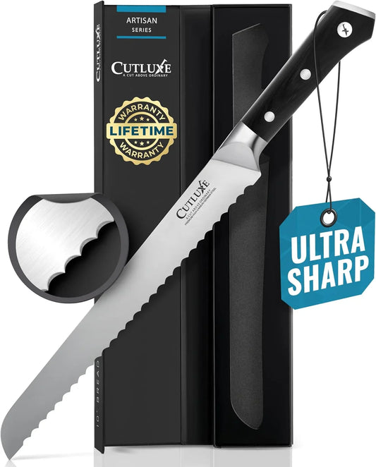 Bread Knife – 10" Serrated Knife for Homemade, Sourdough Bread – Forged High Carbon German Steel – Full Tang & Razor Sharp – Ergonomic Handle Design – Artisan Series