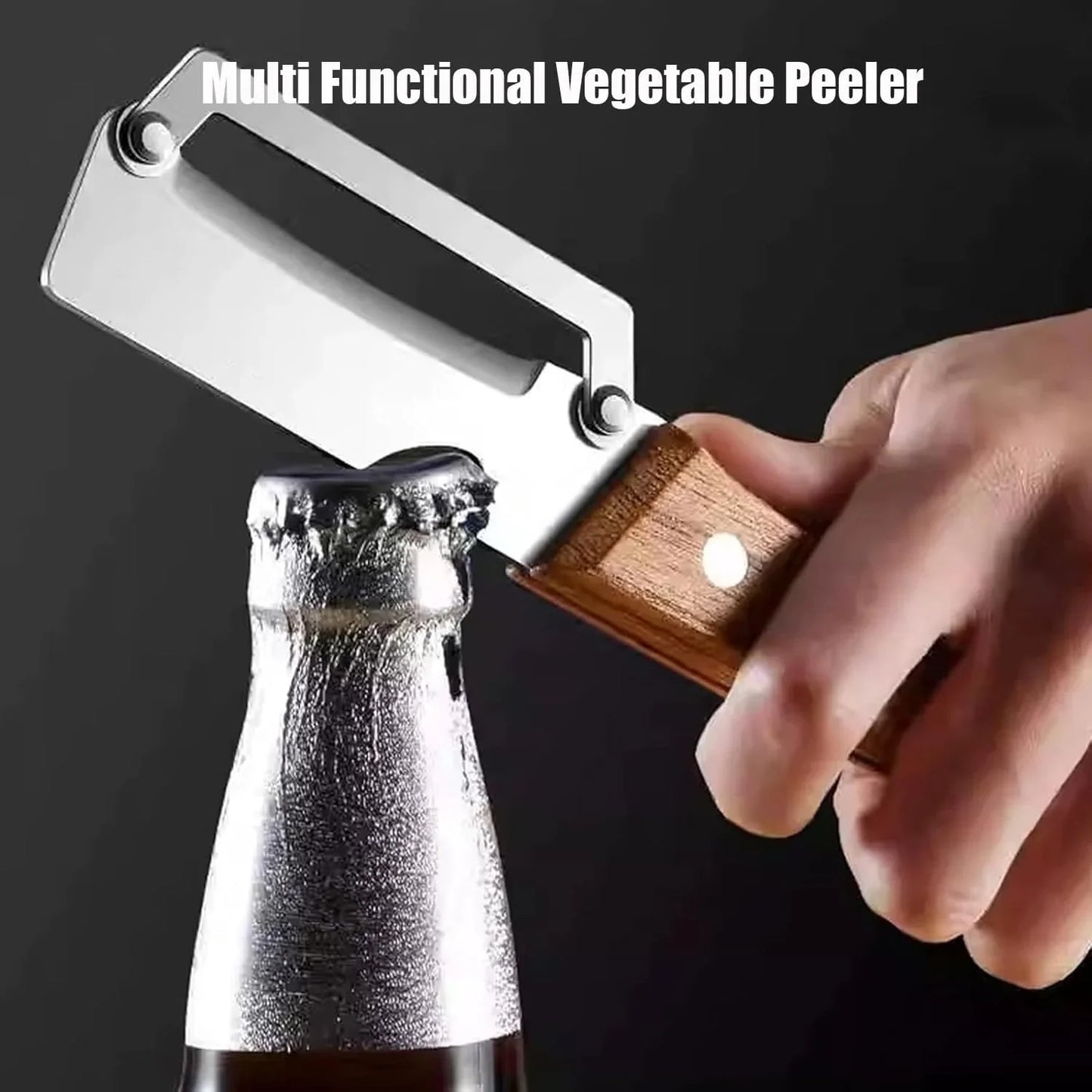 Multi-functional vegetable peeler with wooden handle used as bottle opener