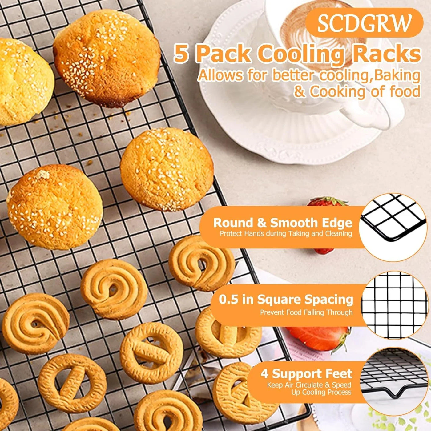 5PCS Cooling Racks for Cooking and Baking 10" X 16" Wire Rack Baking Rack, Cookie Rack, Heavy Duty Stainless Steel Wire Rack for Grilling, Roasting, Cooking, Drying