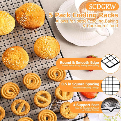 5PCS Cooling Racks for Cooking and Baking 10" X 16" Wire Rack Baking Rack, Cookie Rack, Heavy Duty Stainless Steel Wire Rack for Grilling, Roasting, Cooking, Drying