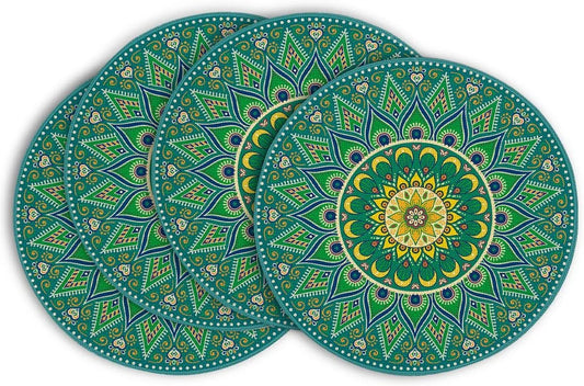 Green Yellow Mandala round Placemats Set of 4,14 Inch Seasonal Spring Table Mats for Party Kitchen Dining Decoration