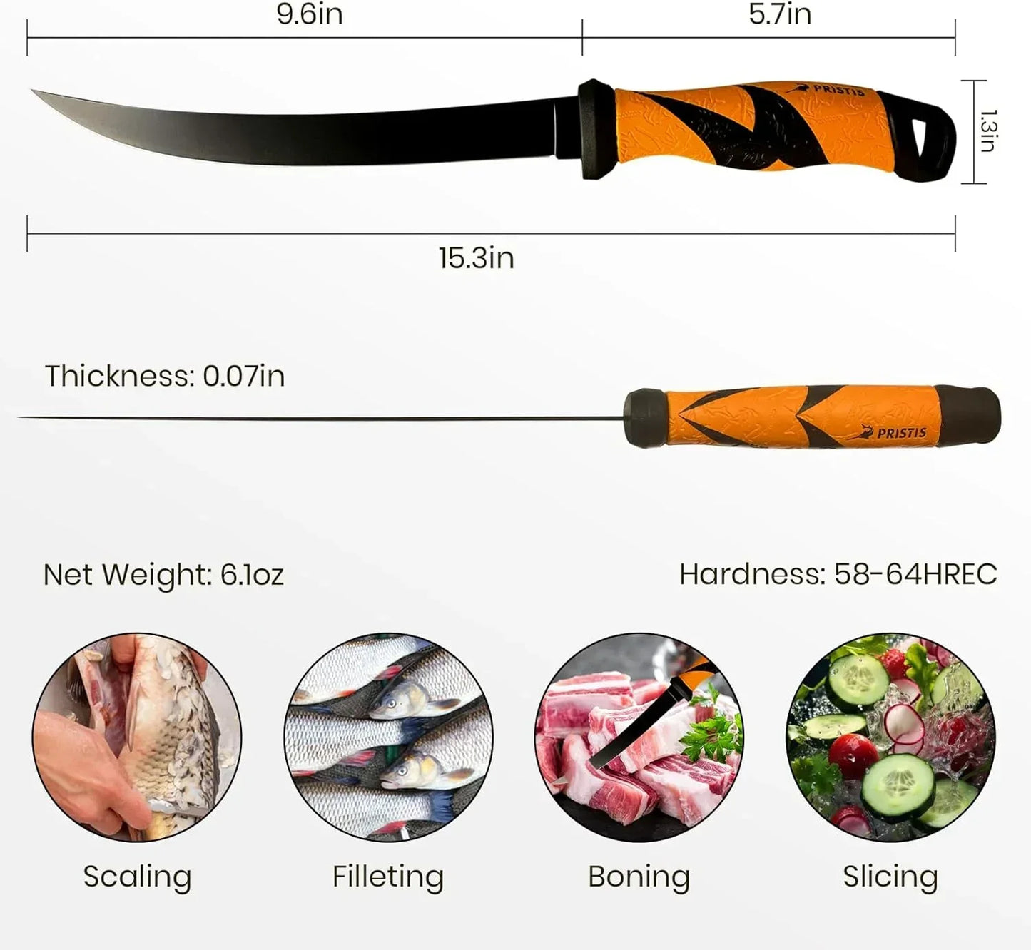 Flexible fillet knife with orange black handle, ideal for scaling, filleting, boning, slicing fish and meat