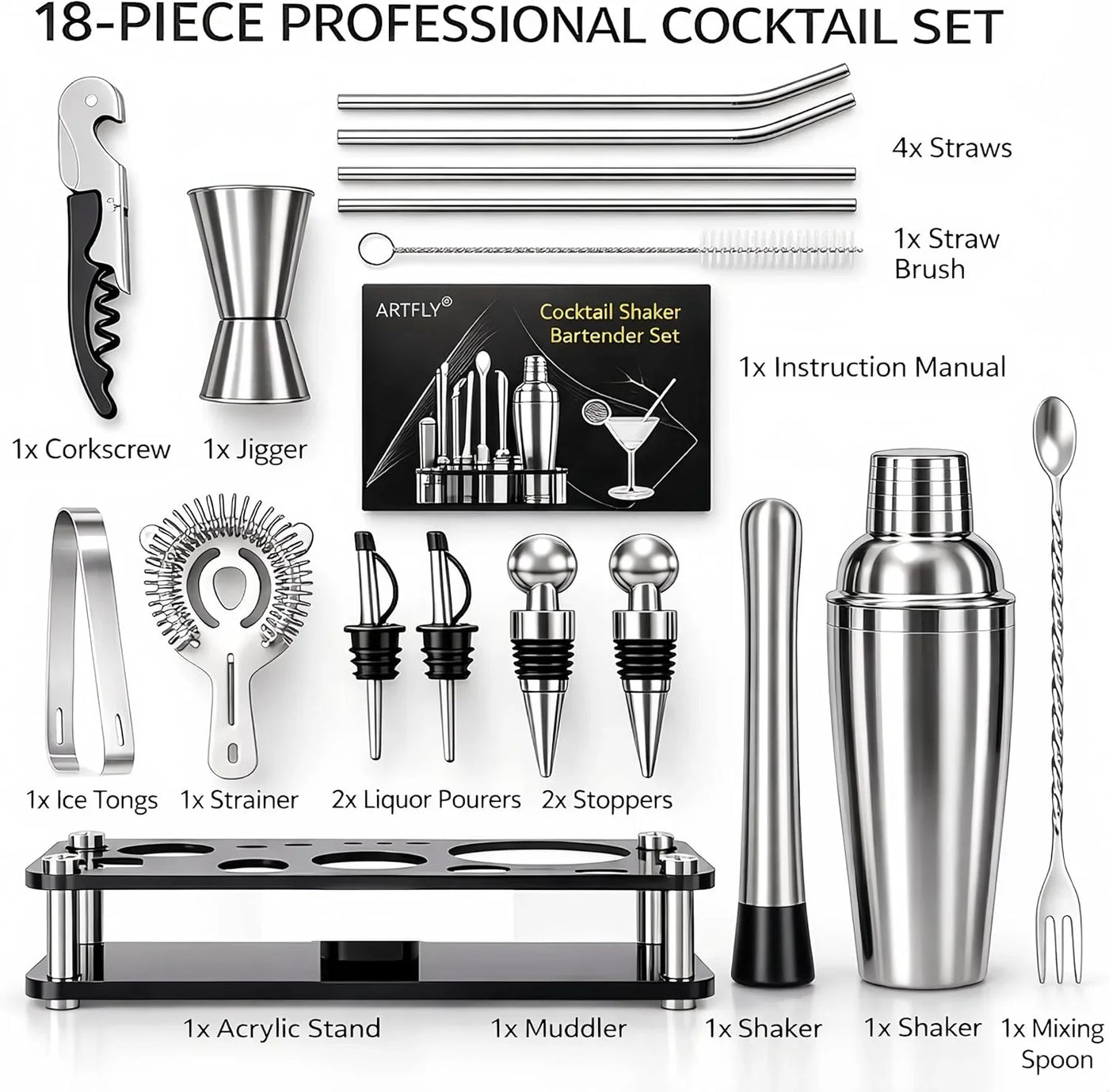 Cocktail Shaker Set, 18-Piece Bartender Kit with Acrylic Stand, 18/8 Stainless Steel Bar Set with Martini Shaker, Jigger, Muddler & Recipe Book for Home Bar