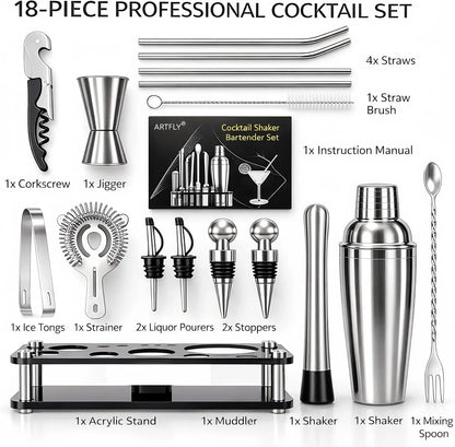 Cocktail Shaker Set, 18-Piece Bartender Kit with Acrylic Stand, 18/8 Stainless Steel Bar Set with Martini Shaker, Jigger, Muddler & Recipe Book for Home Bar
