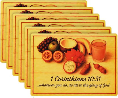 Bible Verse Placemats, 1 Corinthians 10 31, Set of 6, Cork Backed Wood Table Mats, Heat Resistant Christian Scripture Dining Decor, Large 15.7 X 11.4 Inch, Durable and Easy to Clean