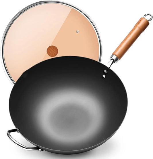 Carbon Steel Wok Pan, 13.4" Woks & Stir-Fry Pans with Glass Lid No Chemical Coated Flat Bottom Iron Wok for Induction, Electric, Gas, Halogen All Stoves