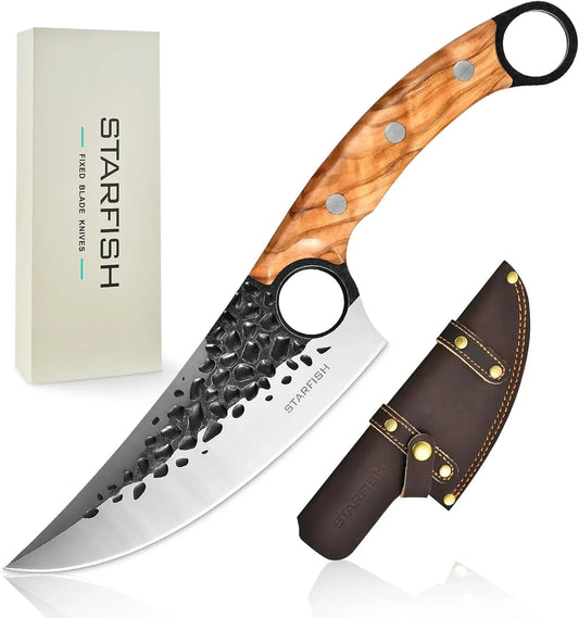 Chef Knife, 6.0” Great Kitchen Knife with Leather Sheath for Home Cooking, Chopping. Olive Wooden Handle Japanese Style Forged Viking Knives for Camping, BBQ