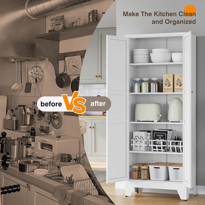 Metal Pantry Cabinet, 75" Kitchen Pantry with 2 Door and 4 Adjustable Shelves,White Metal Pantry Storage Cabinet,Cupboard for Kitchen,Dining Room,Living Room and Bathroom