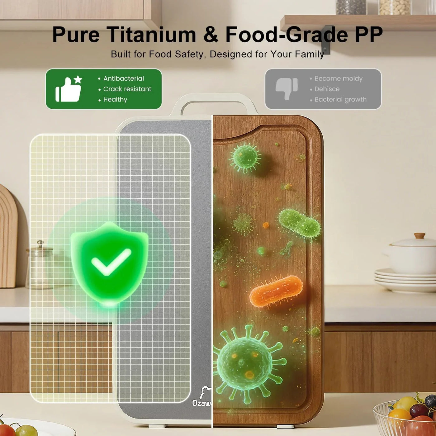 Titanium Cutting Board for Kitchen, Double Sided Cutting Boards Food Grade, 2-In-1 Chopping Boards for Fresh Meat Vegetable, Pure Titanium & PP, Easy to Clean Large Size 16”×11”