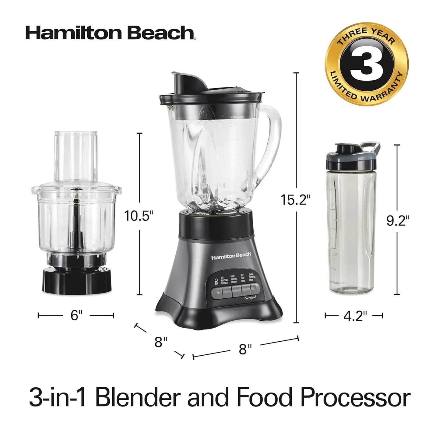 Blender and Food Processor Combo for Shakes & Smoothies, with 3 Cup Electric Food Chopper Attachment, 40 Oz Glass Jar, Blender Travel Cup, 700 Watts Peak Power, Gray & Black (58163)
