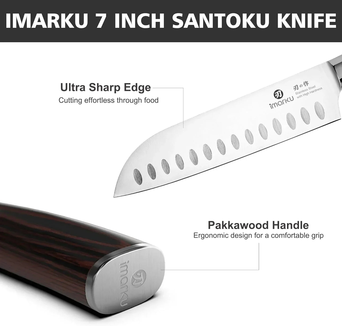 7 inch santoku kitchen knife with ultra sharp stainless steel blade and pakkawood handle