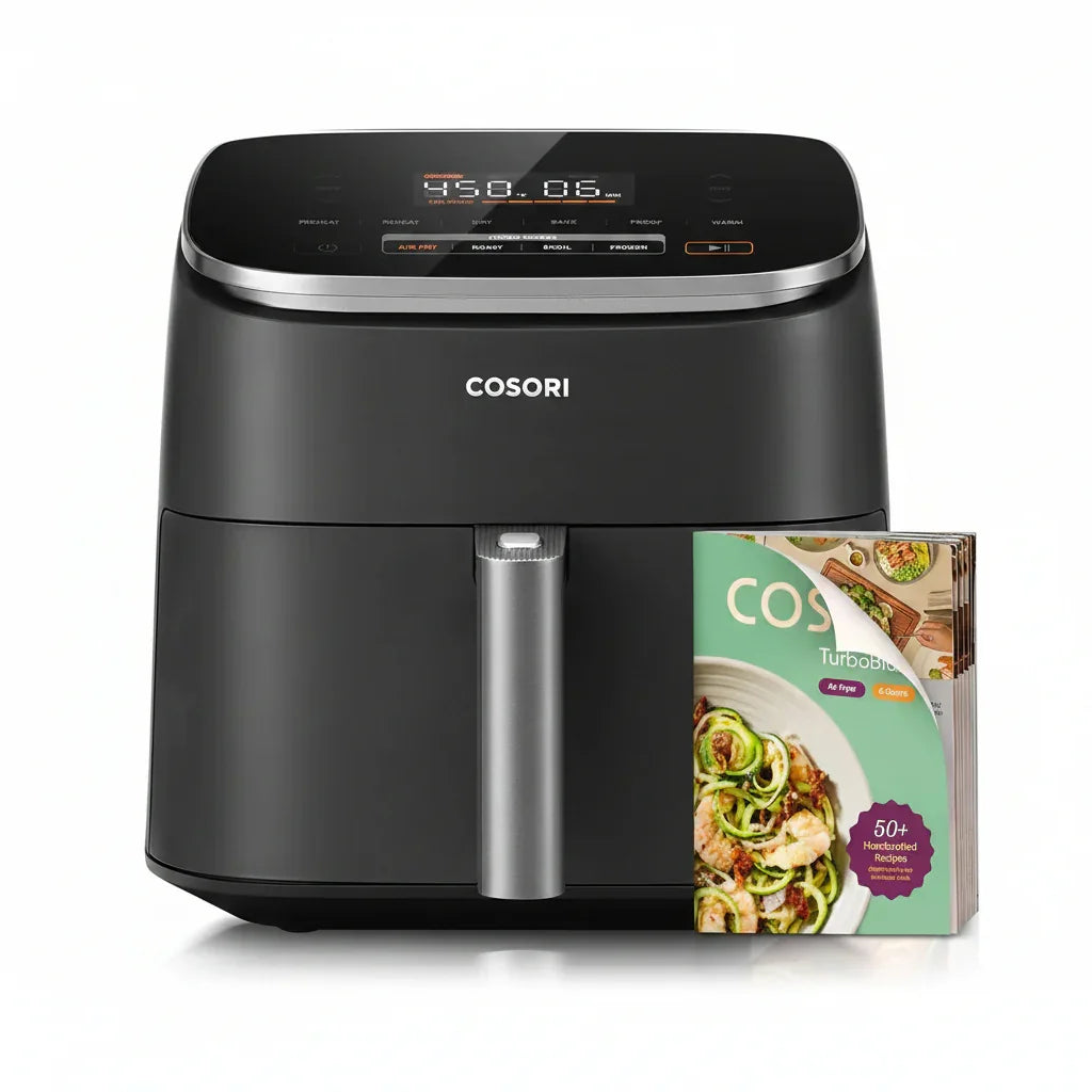 Cosori air fryer with digital display and recipe book for healthy cooking