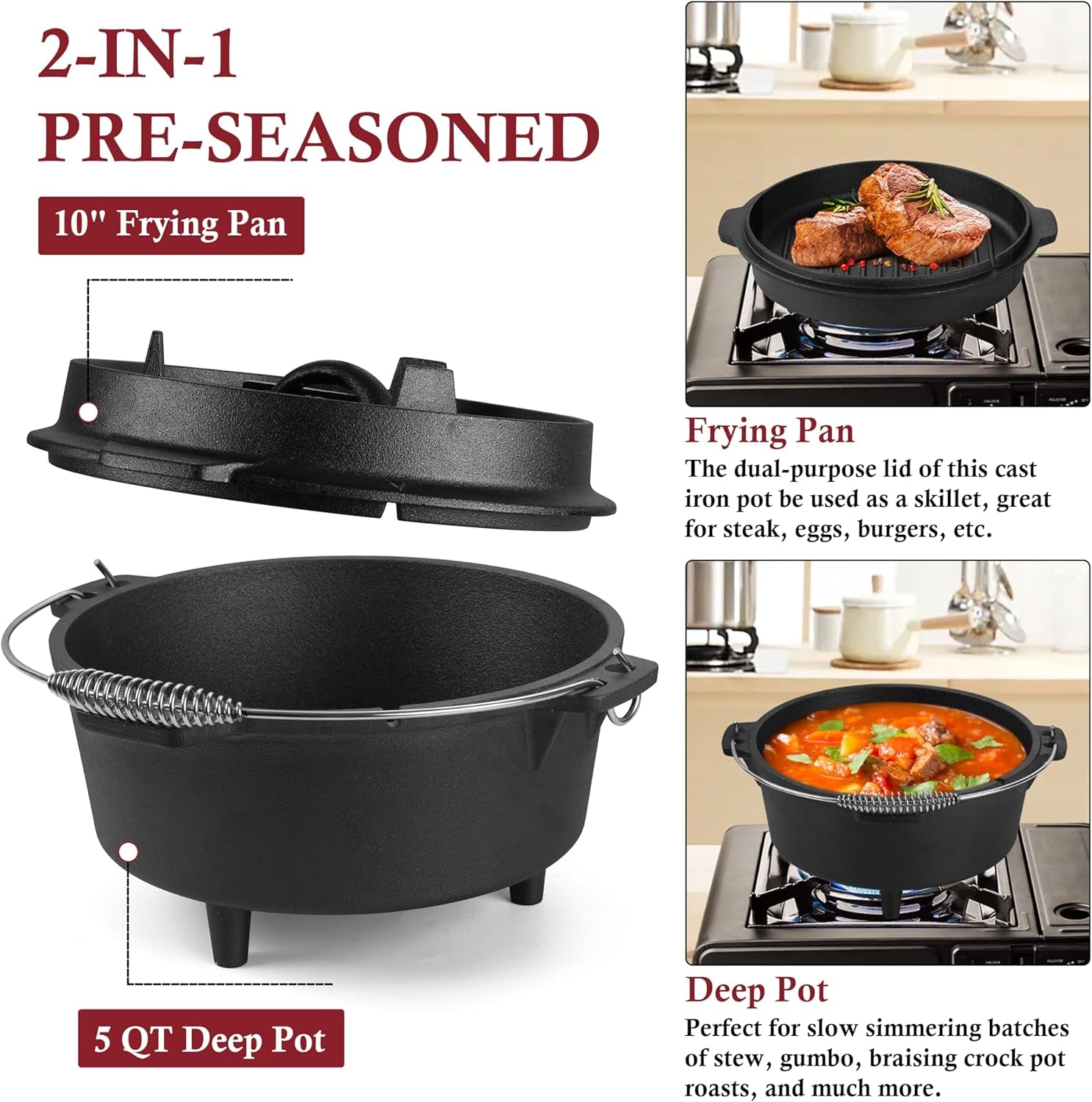 5QT Camping Dutch Oven with Lid, Pre-Seasoned Cast Iron Camp Dutch Oven with Lid Lifter for Campfire Cooking, Baking and Stews, Durable Cast Iron Pot for Camping and Hiking